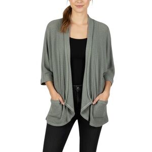 Dana Buchman Classic 3/4 Sleeves Open Front Ribbed Knit Cardigan Large Grey